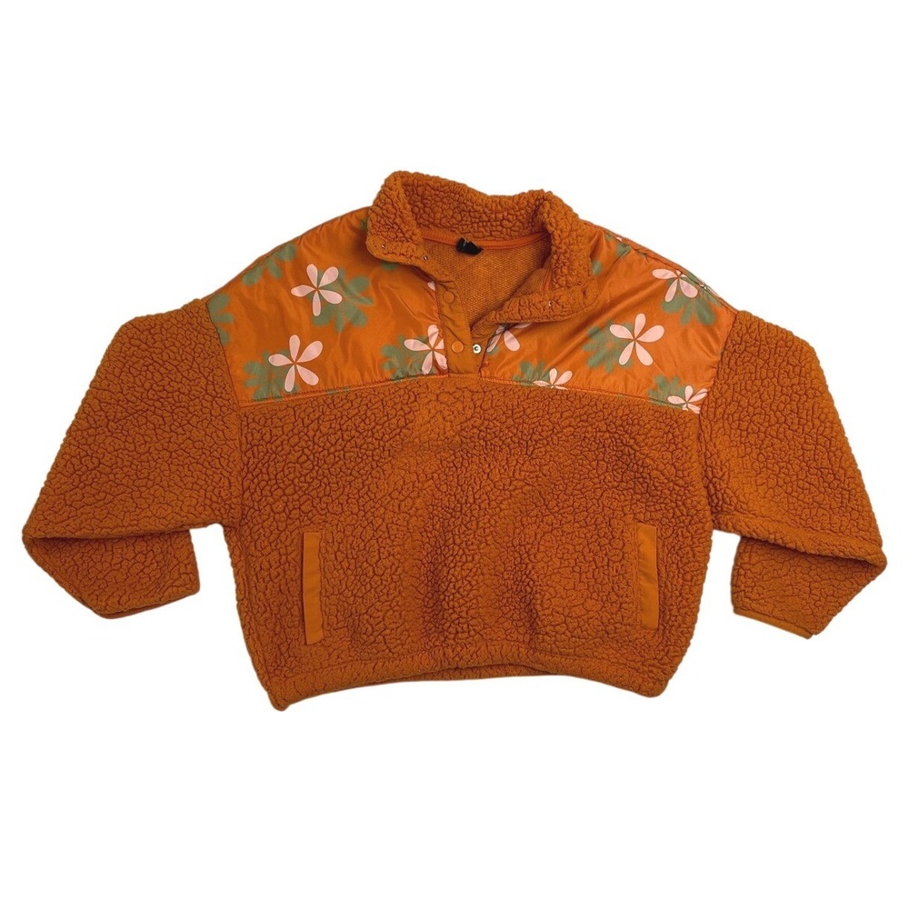 PacSun Groovy Floral Orange Cropped Sherpa Fleece Pullover Yoke Snap Neck Small
